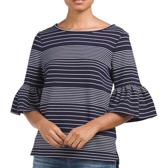 Max Studio Women’s Small Navy White Striped Ruffle Bell Sleeve Top - Picture 1 of 12